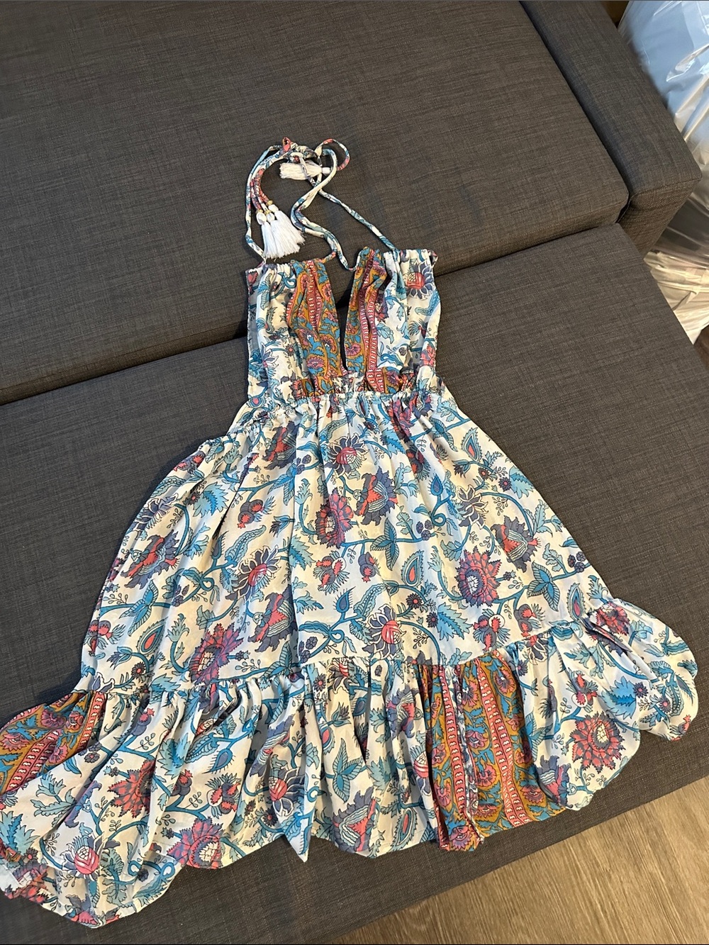 Bohemian Floral Halter Sundress in White and Blue
